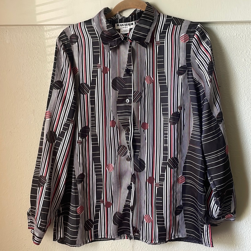 Vintage funky long sleeve button down polyester blouse by Joan Leslie